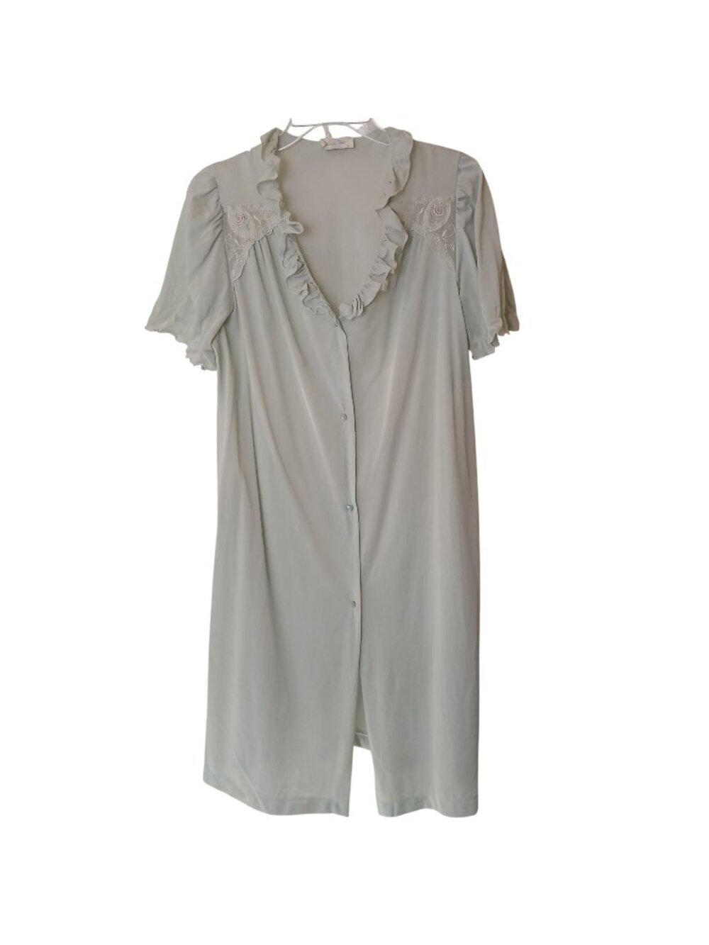 VTG Vanity Fair Green Nightgown Sz M Ruffle Trim Embroidered Button Made USA D20